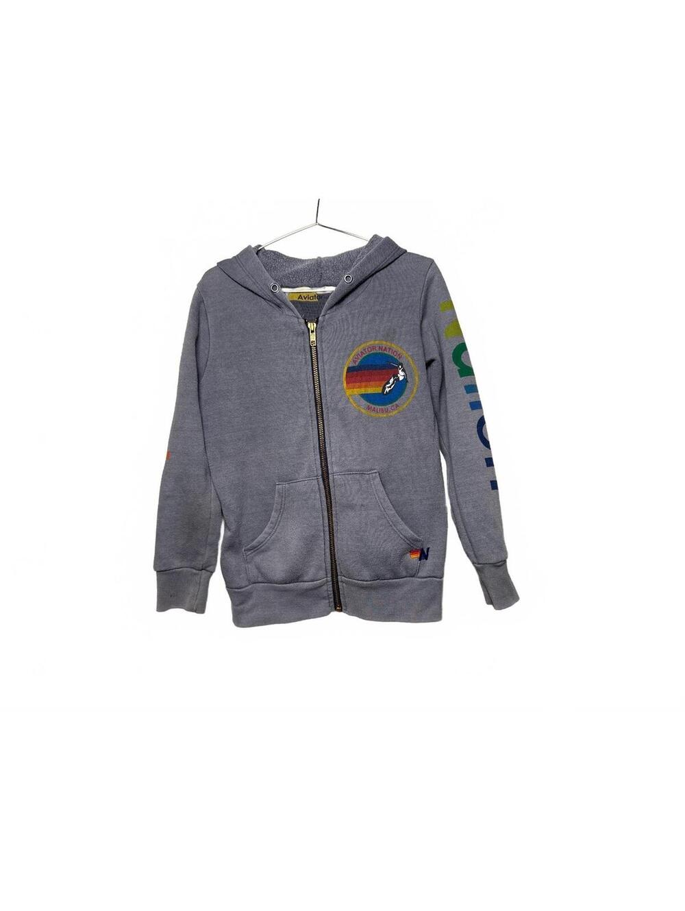 KidsAviator Grey Zip-Up Hoodie with Colorful Sleeve Lettering and Malibu Patch